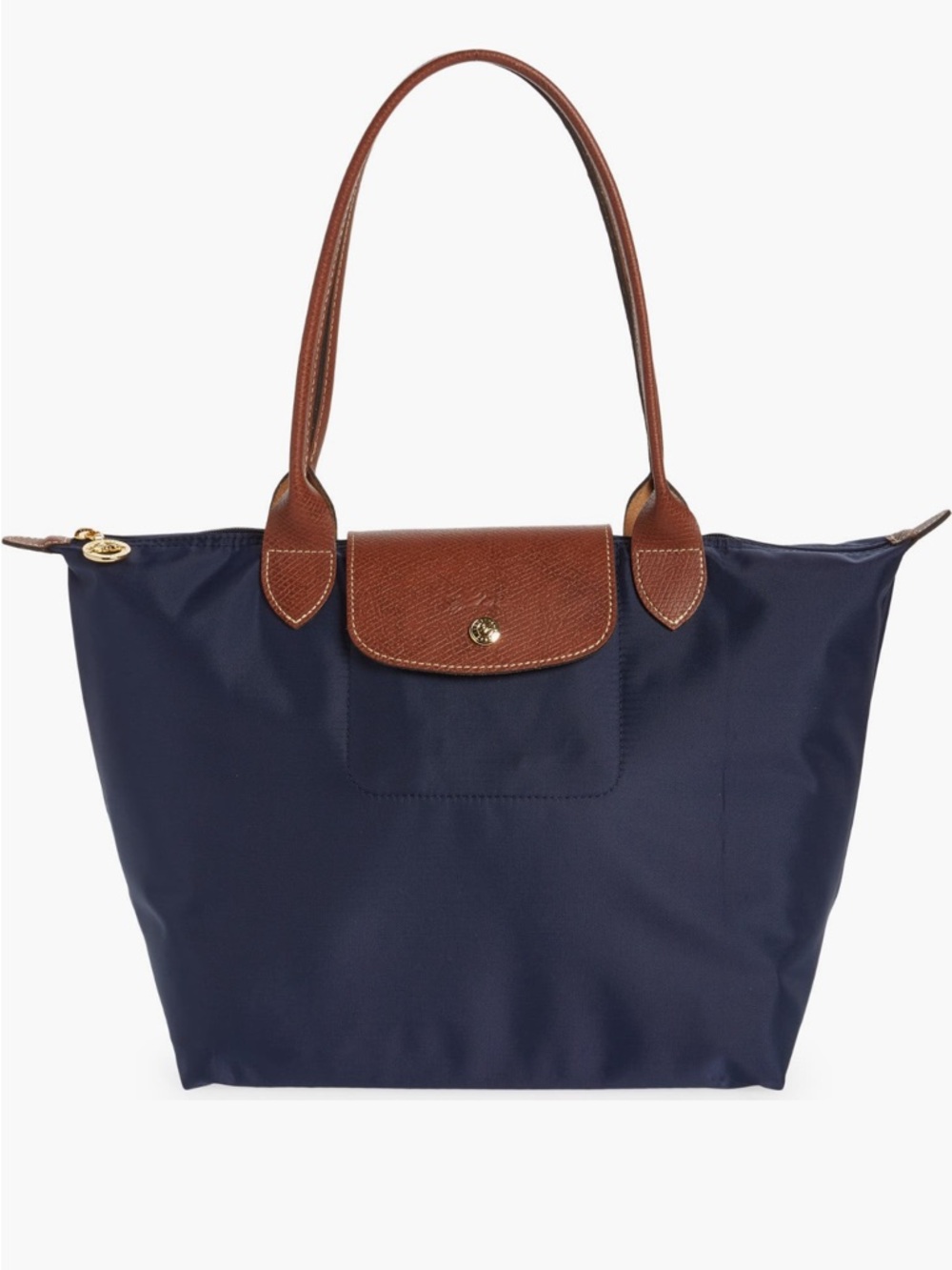 Longchamp Navy Tote with Brown Leather Handles